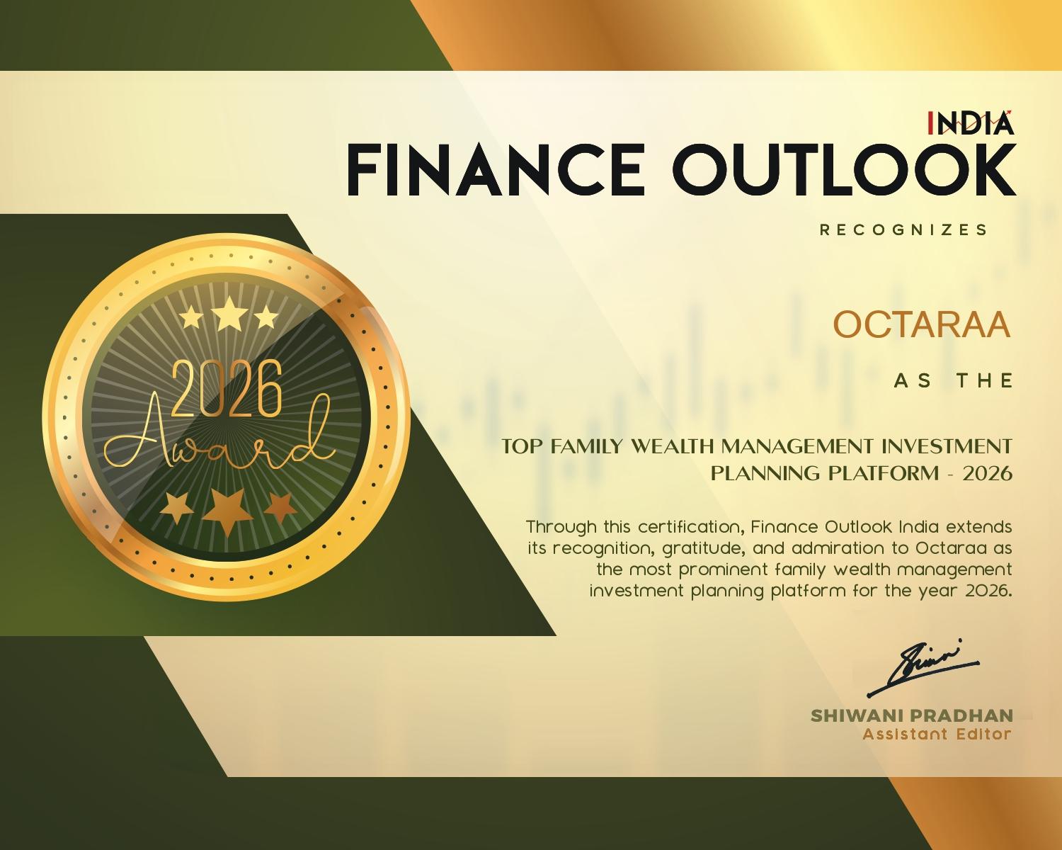 Finance Outlook India certificate recognizing Octaraa as the Top Family Wealth Management Investment Planning Platform 2026