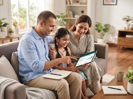 Family exploring mutual fund performance together